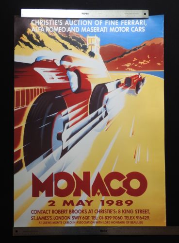 1989 Christie's Monaco FERRARI ALFA ROMEO MASERATI Car Auction Poster