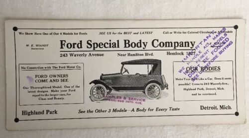 Vintage Ford Special Body Company circa 1920 Advertising Card Detroit, Mich MI