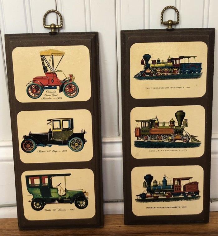 Vintage Set Of 2 Car Automobile Train Locomotive Wall Hanging Wooden Plaques