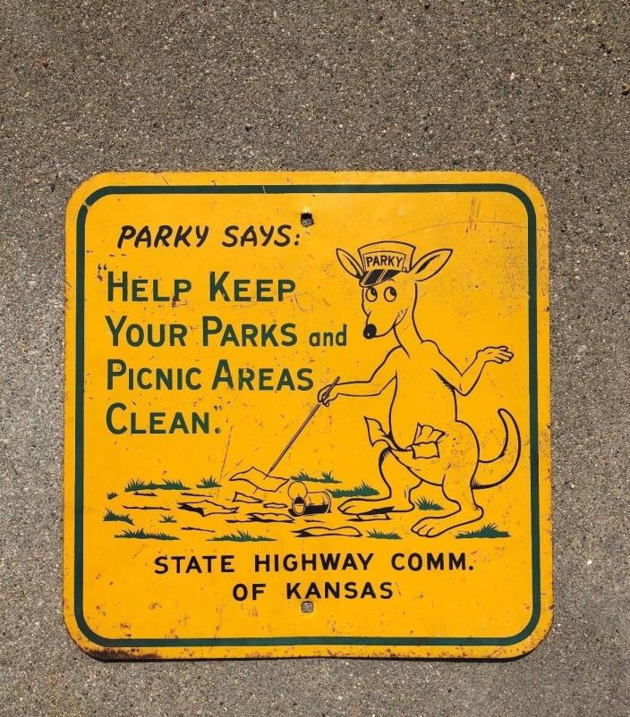 Kansas State Highway Comm Parky the Kangaroo Litter Sign Dated 1955 Route Shield