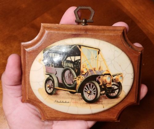 Vintage Porcelain On Wood Sign Plaque 1906 Studebaker Old Car Art Shelbyville