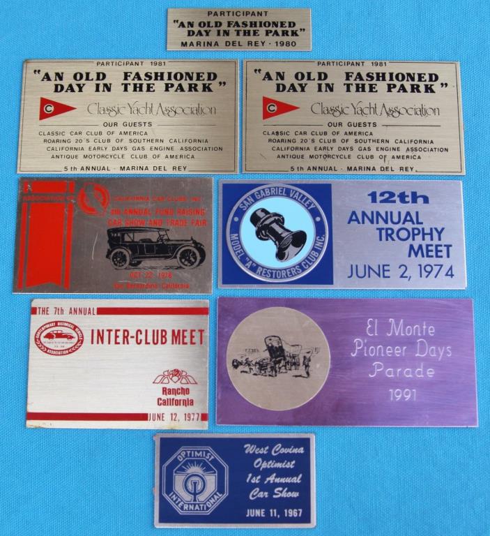 (8) HISTORICAL VEHICLE CALIFORNIA CAR CLUB SHOW PLAQUES 60's 70's 80's MODEL A