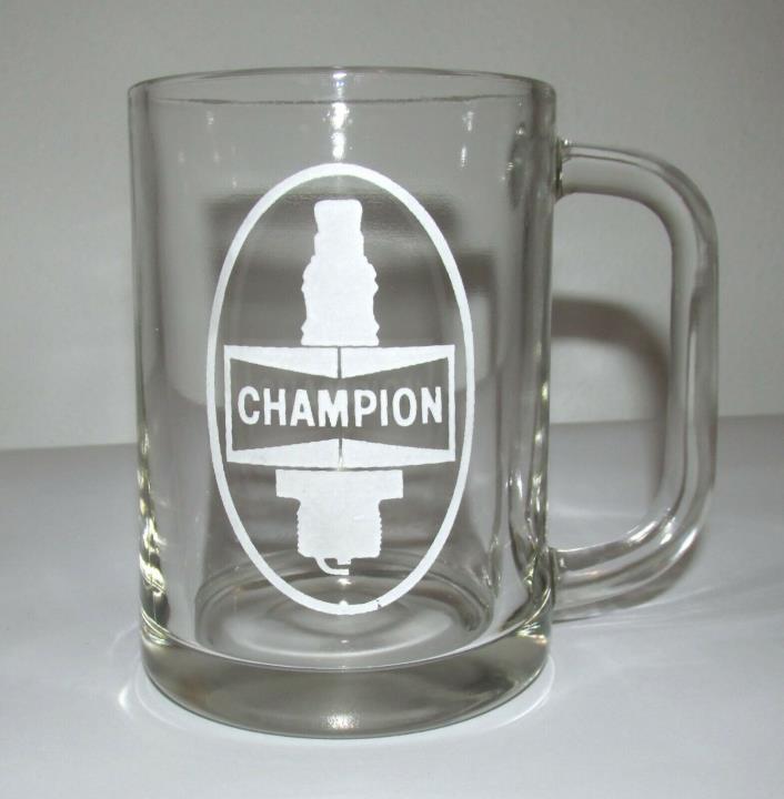 Vtg Etched CHAMPION SPARK PLUG LOGO Glass Beer MUG Cup Stein TANKARD Petroliana