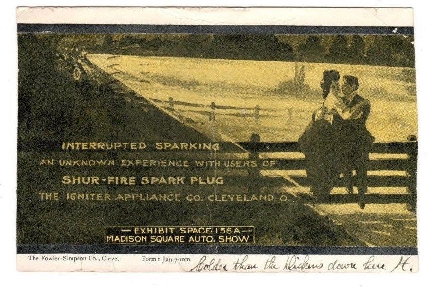 1907 Shur-Fire Spark Plug Advertising Postcard (1907 Madison Square Auto Show)