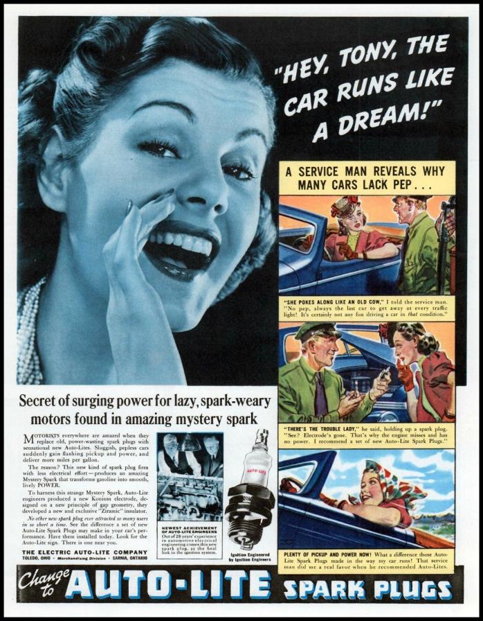 1940 Auto-Lite spark plugs woman driver serviceman vintage photo Print Ad  ADL13