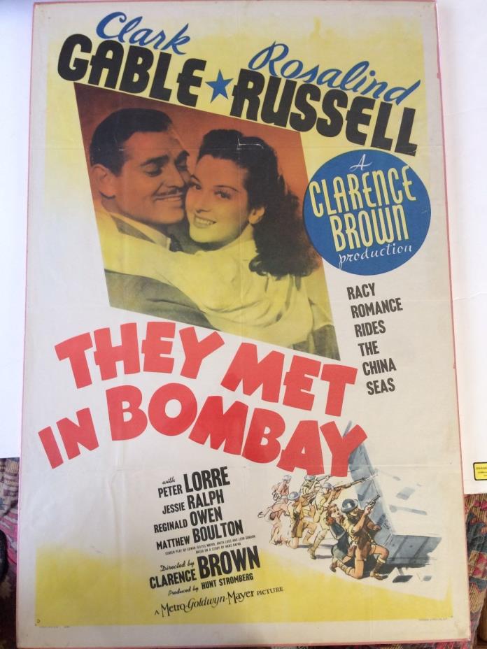 VUNTAGE 1941,THEY MET IN BOMBAY FULL ONE SHEET MOVIE POSTER,GABLE,RUSSEL.