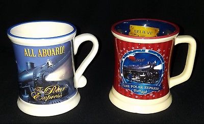 2 POLAR EXPRESS MUGS relief Train Ride Ticket BELIEVE + ALL ABOARD Hot Chocolate