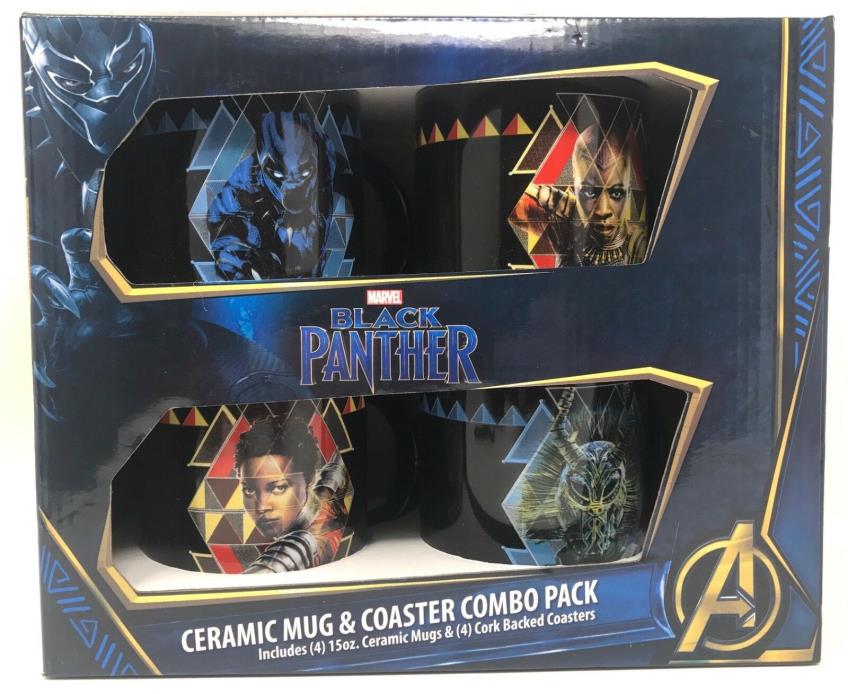 Marvel Black Panther Ceramic 4-Mug & 4- Coaster Combo Pack BRAND NEW