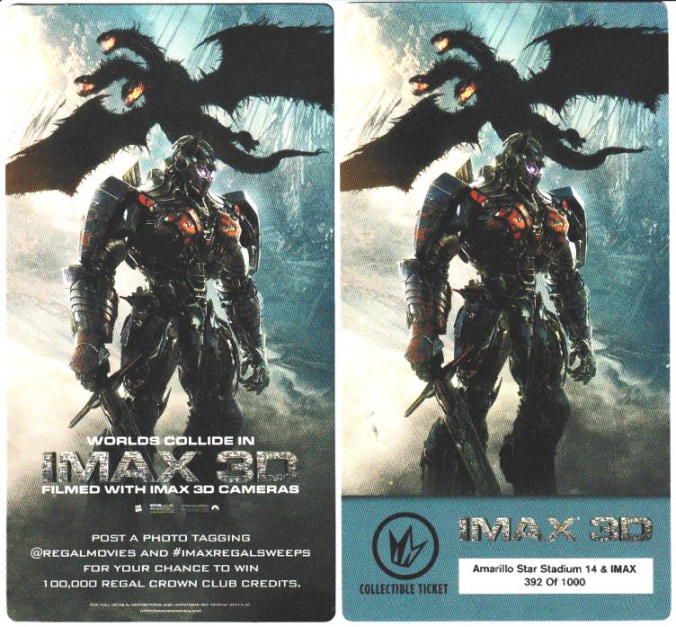Collectible Ticket Transformers: The Last Knight Regal IMAX 3D 2017 Movie Cards