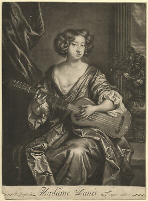 GUITAR / Mezzotint engraving of the English singer dancer and actress Mary 1690