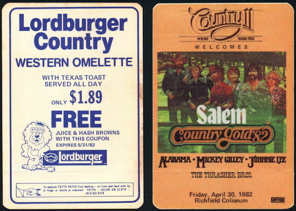 Rare Backstage Pass from the 1982 Country Gold Concert - Alabama, Mickey Gilley