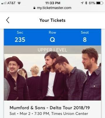 Mumford and Sons Concert Tickets (x2) TU Center Albany NY Sat March 2