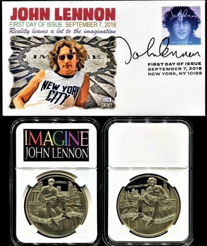 Beatles John Lennon 1940 Liverpool 1980 New York City Gold Medal Display + FDC 1