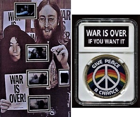 Beatles John Lennon Worn Clothing WAR IS OVER Film Display Guitar Pick and Medal