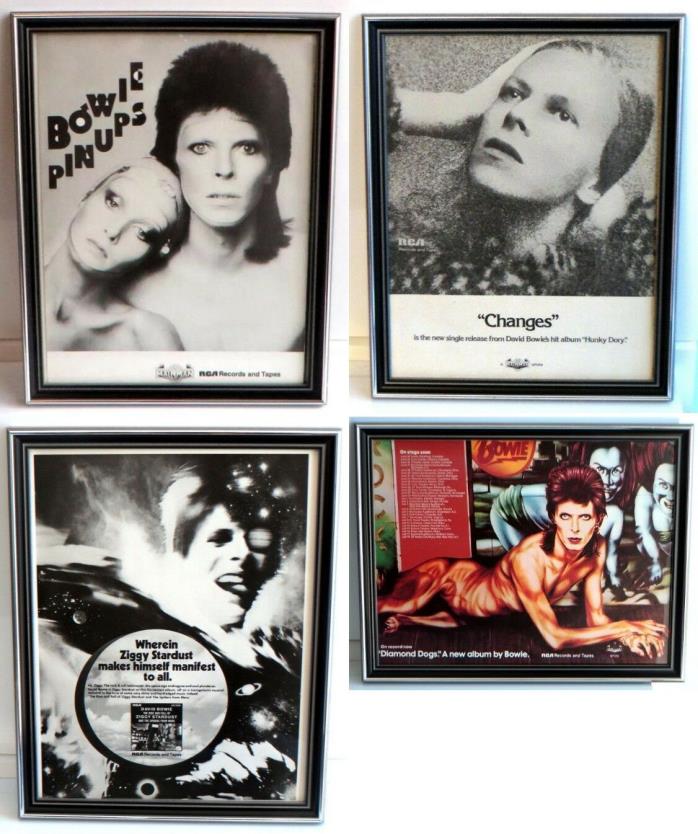 Lot of 4 David Bowie Framed Vintage 70s Print Ads Diamond Dogs Hunky Dory Ziggy