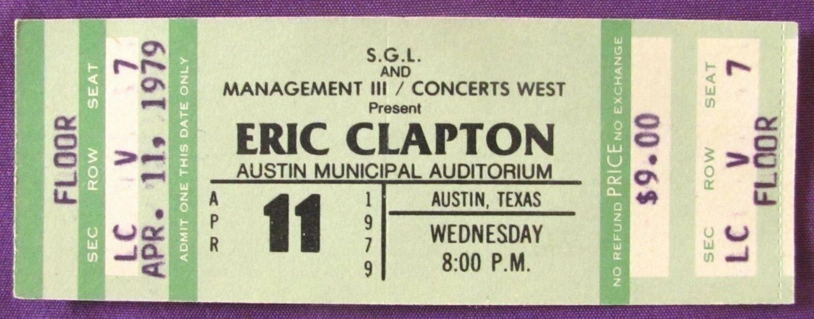 ERIC CLAPTON 1979 Backless Tour (Austin, TX) Original Unused Concert Ticket