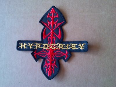 HYPOCRISY,SEW ON RED AND GOLDEN EMBROIDERED PATCH