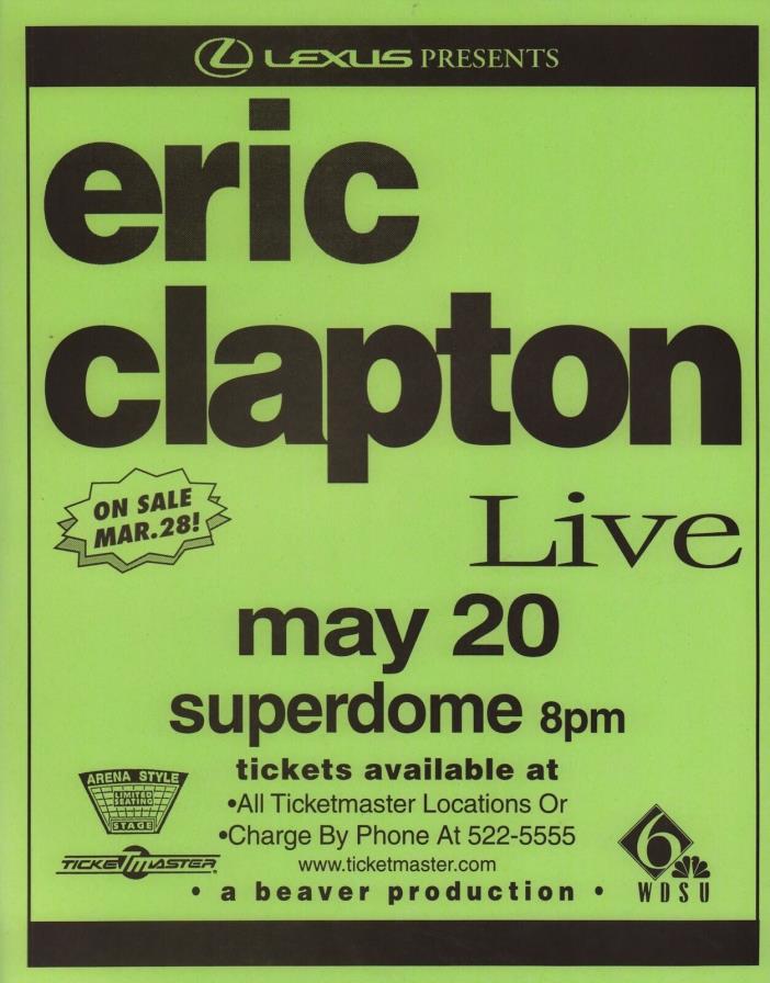 ERIC CLAPTON 1998 PILGRIM TOUR NEW ORLEANS POSTER / FLYER / HANDBILL / GREEN