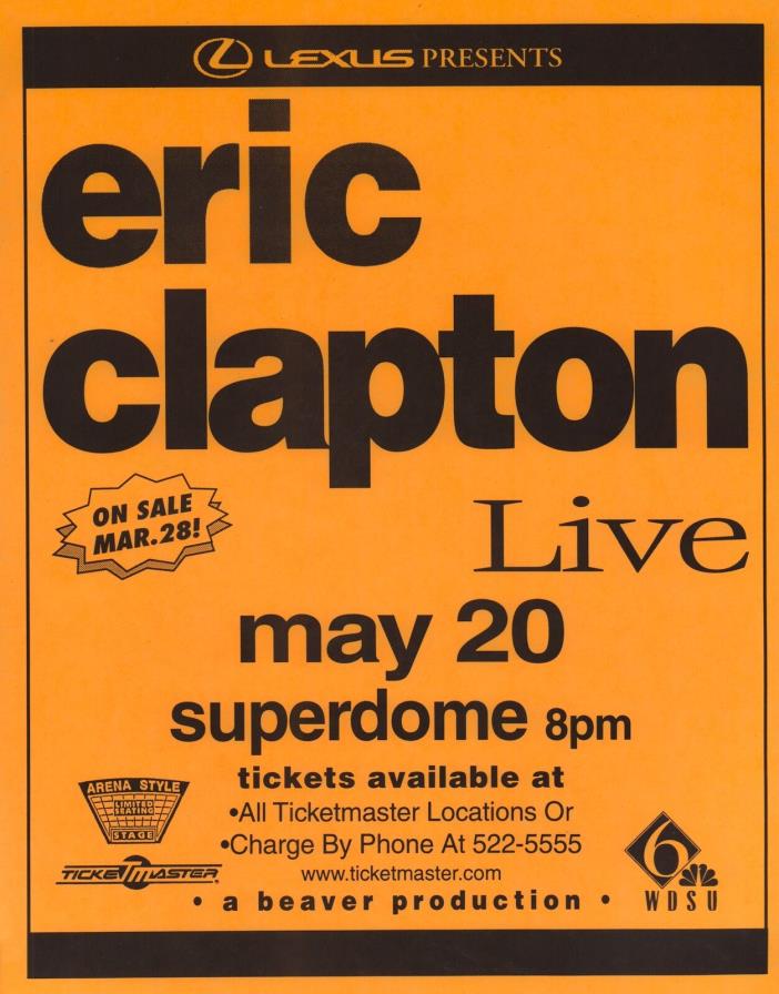 ERIC CLAPTON 1998 PILGRIM TOUR NEW ORLEANS POSTER / FLYER / HANDBILL / ORANGE