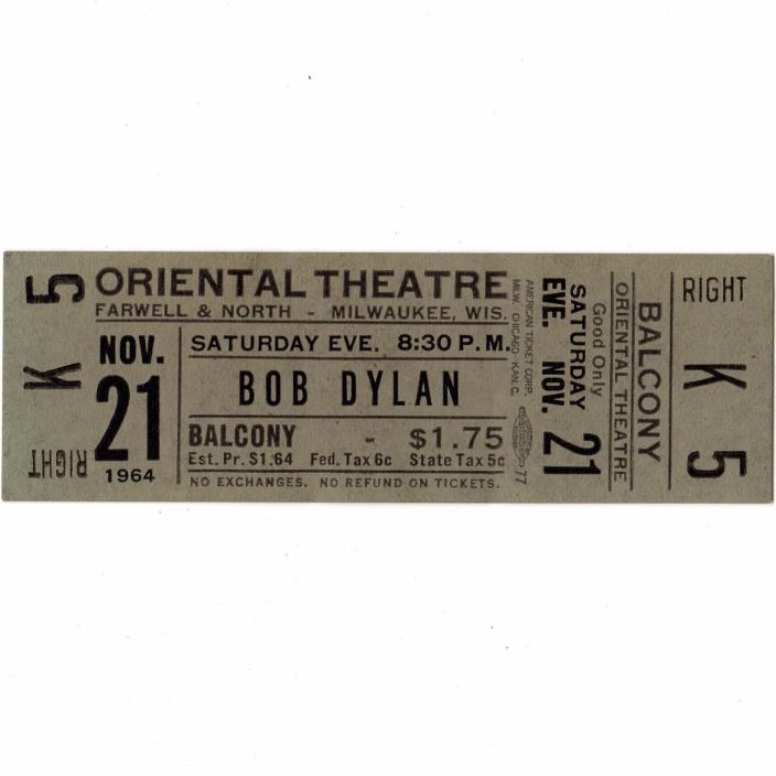 BOB DYLAN Concert Ticket Stub MILWAUKEE 11/21/64 TIMES THEY ARE A CHANGIN' Rare