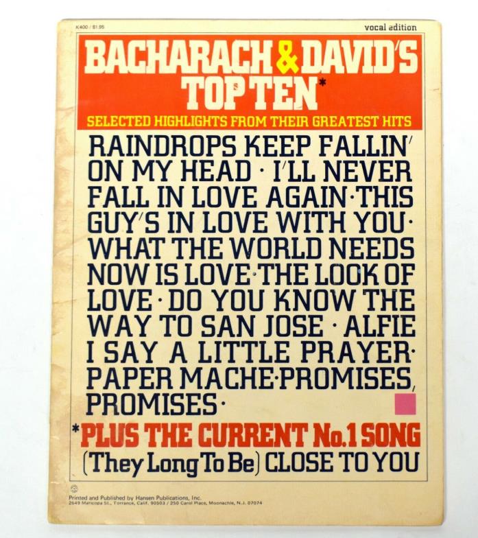 Bacharach & David – Sheet Music / Vocal Edition “Top Ten” Music Book