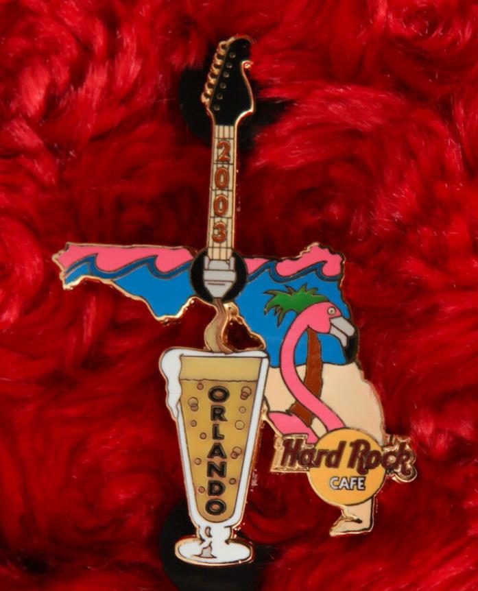 Hard Rock Cafe Pin Orlando FLORIDA STATE Map pink flamingo beer glass lapel hat