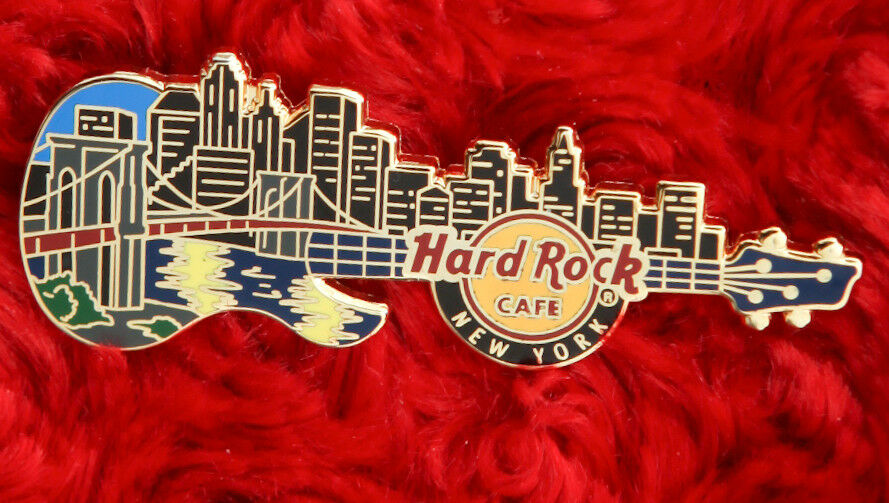 Hard Rock Cafe Pin NEW YORK City SKYLINE Manhattan BRIDGE guitar lapel hat logo