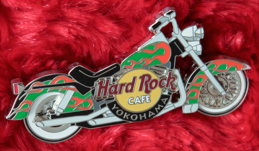 Hard Rock Cafe Pin YOKOHAMA Flame MOTORCYCLE green orange lapel hat jacket japan