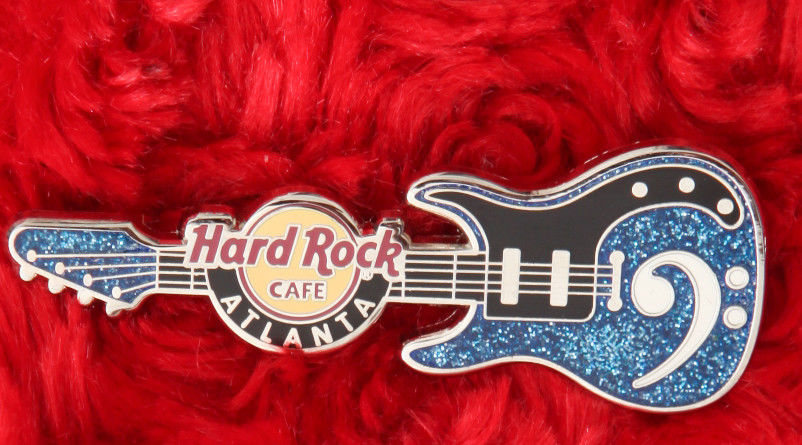 Hard Rock Cafe Pin Atlanta BASS Clef GUITAR Blue Sparkly hat lapel logo Georgia
