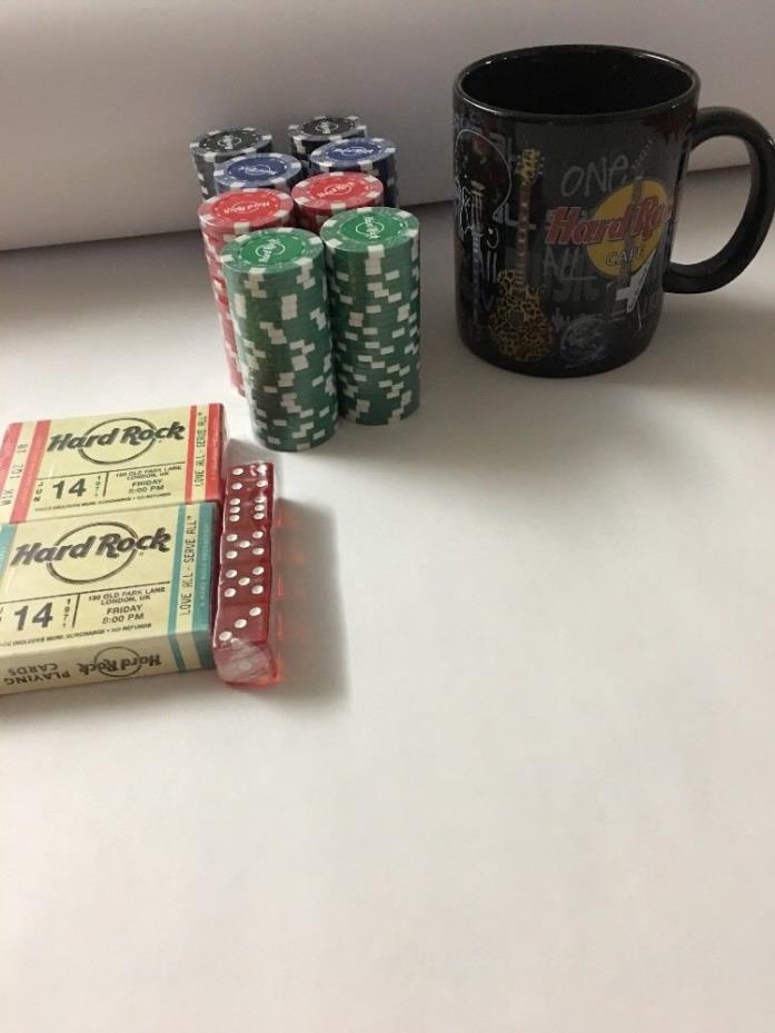 Hard Rock Cafe Poker Set 200 Poker Chips Playing Cards Dice with Free Mug