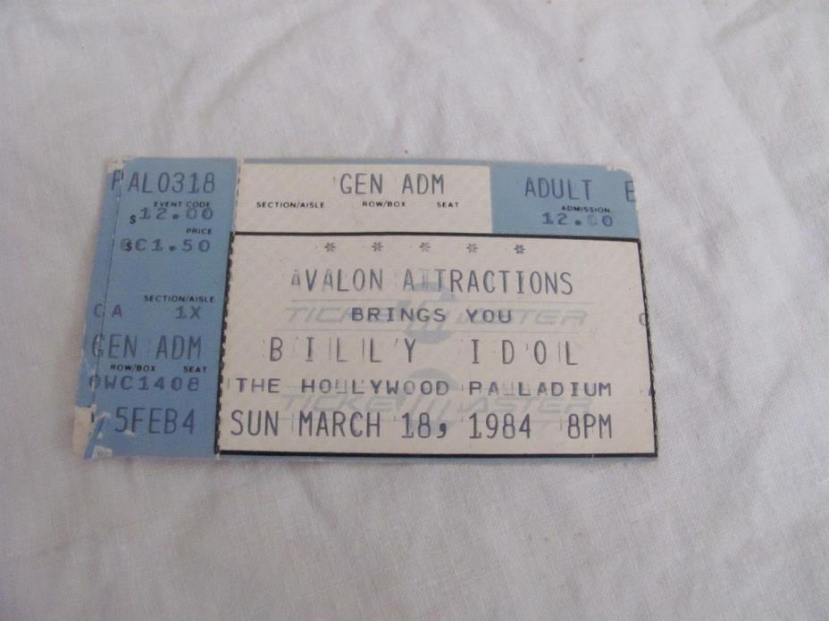 Vintage Billy Idol Concert Ticket Stub March 1984 Hollywood Paladium