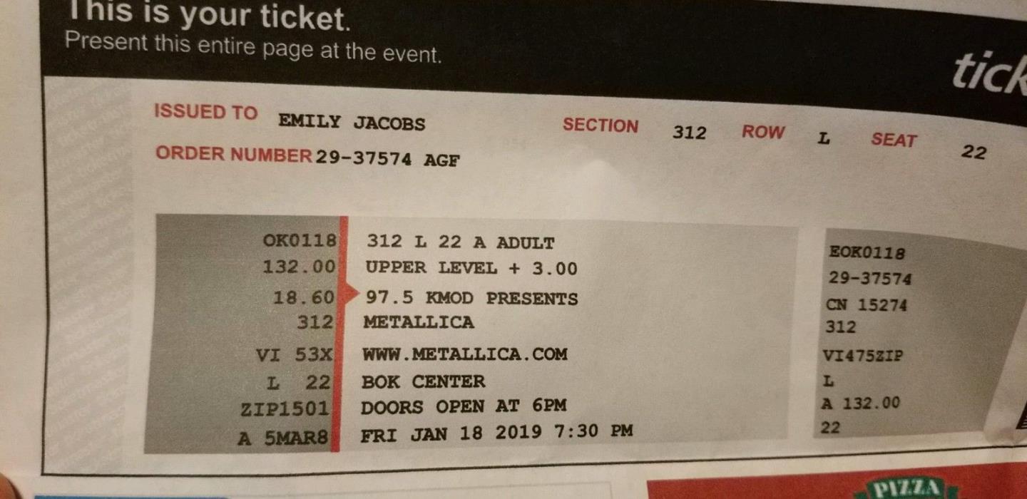 Metallica concert ticket for Tulsa Oklahoma Jan 18 730 pm!! Wanting face value!