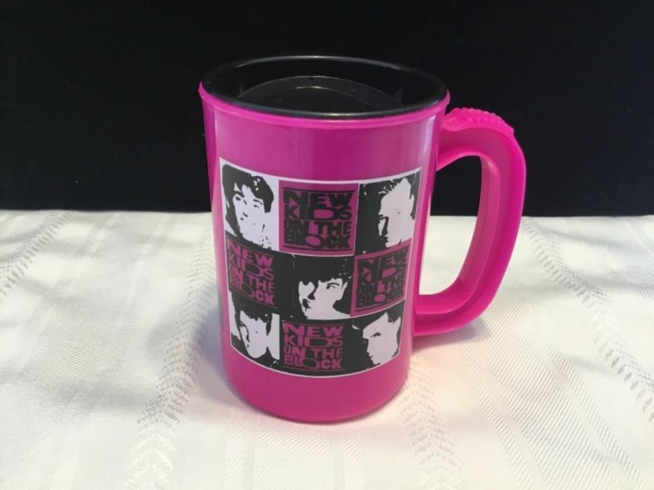 Vtg. 1989 NKOTB New Kids On the Block Plastic Cup Mug w/ cover bright pink NEW!