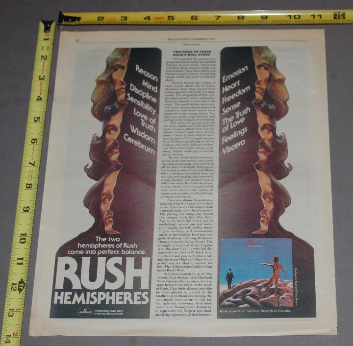 RUSH Hemispheres 1978 Album Record Ad 11x14 Neil Peart Geddy Lee Alex