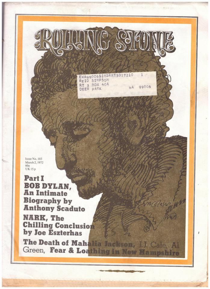 1972 Rolling Stone Magazine Issue No. 103 Bob Dylan 