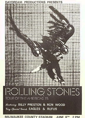 ROLLING STONES / EAGLES 1975 TOUR OF AMERICAS ORIGINAL MILWAUKEE CONCERT POSTER