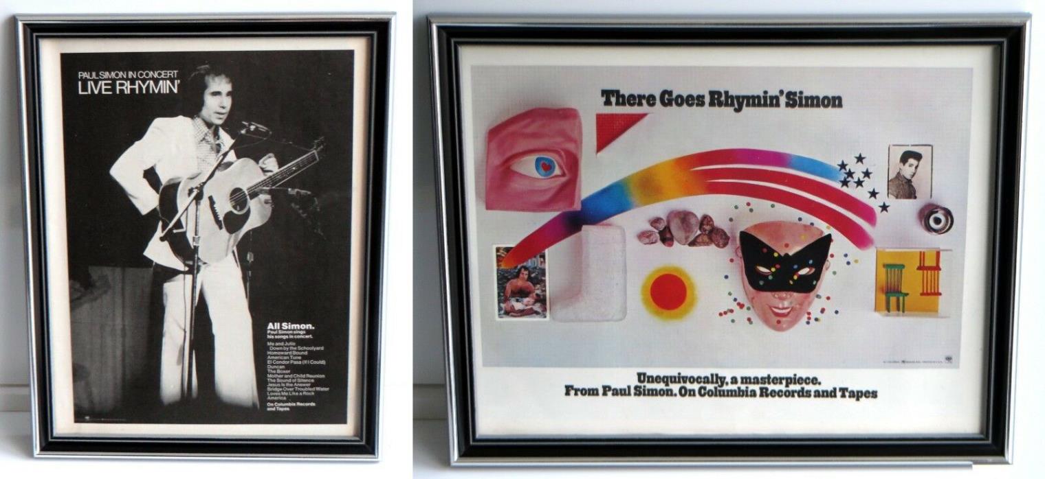 Set of 2 Paul Simon Framed Vintage Original 70s Print Ads Live Rhymin Album Rock