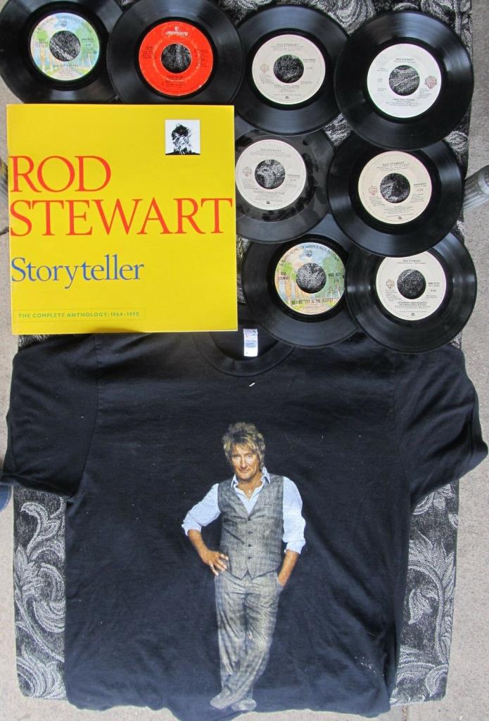 ROD STEWART rock memorabilia lot: T-SHIRT, BOOKLET & RECORDS