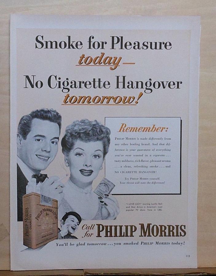 1952 magazine ad for Philip Morris Cigarettes - Lucille Ball, Desi Arnaz smoke