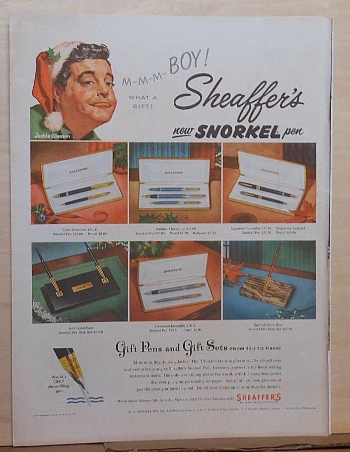 1953 magazine ad for Sheaffer's Snorkel Pen - Jackie Gleason recommends, Xmas ad
