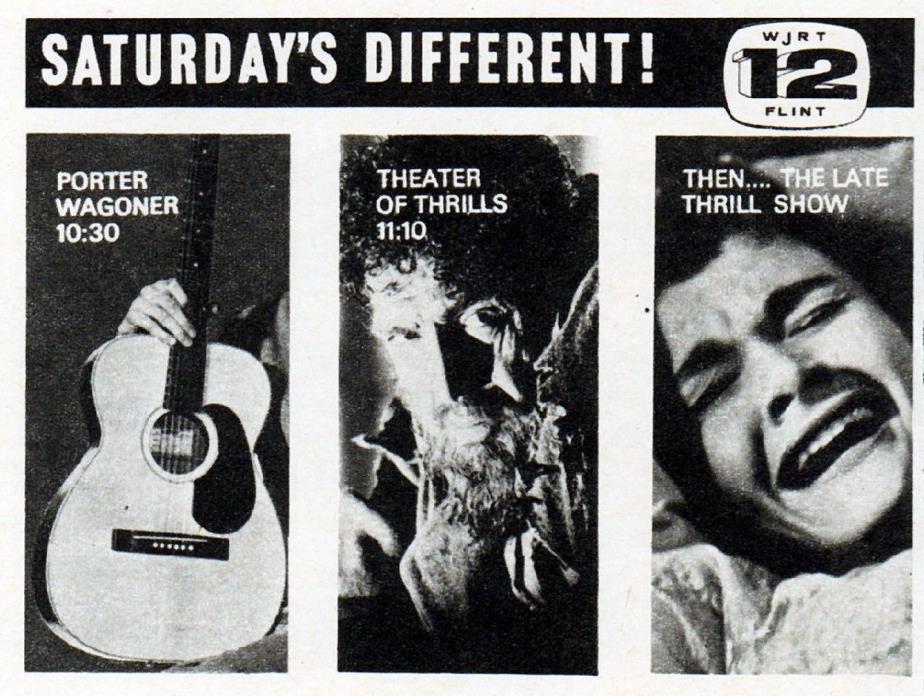 1964 WJRT TV AD~THEATER OF THRILLS~FLINT, MICHIGAN~THE LATE THRILL SHOW  (TV1)