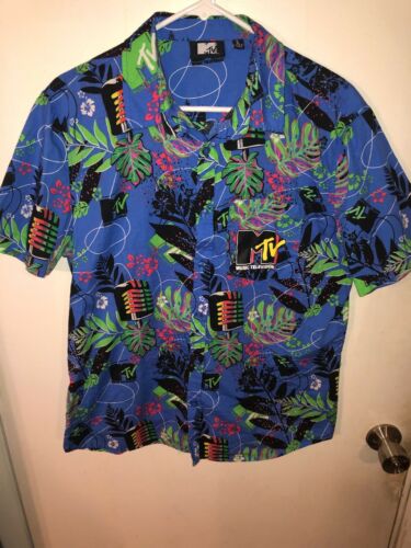MTV Mens Large Short Sleeve Button Front Hawaiian Shirt Cotton