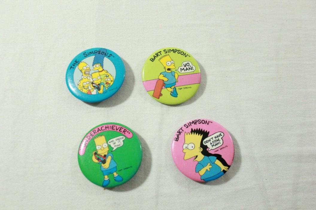 Lot of 4, Vintage 1989 The Simpsons, Bart Simpson Buttons Pin