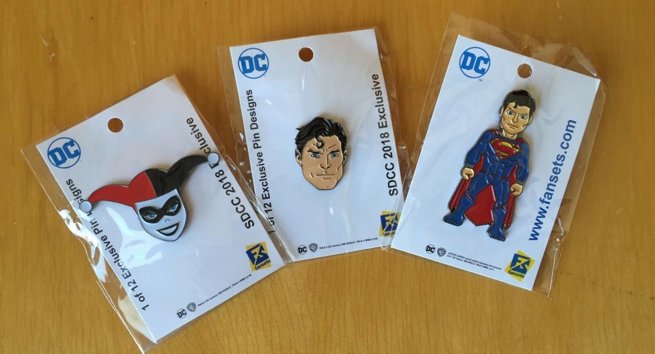SDCC Comic Con 2017 2018 DC Swag Bag Pin Harley Quinn Superman (Lot of 3)
