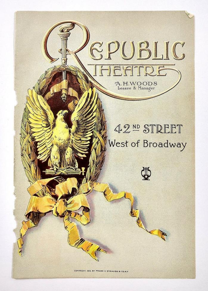 Vintage 1910 LG SZ The Republic Theatre Program Cover Djer-Kiss Ad Art Deco