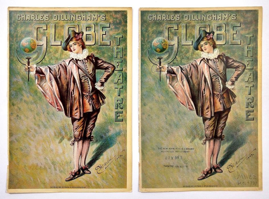 2 Vintage 1910 LG SZ Globe Theatre Program Covers Watchman Whiskey Ad Art Deco