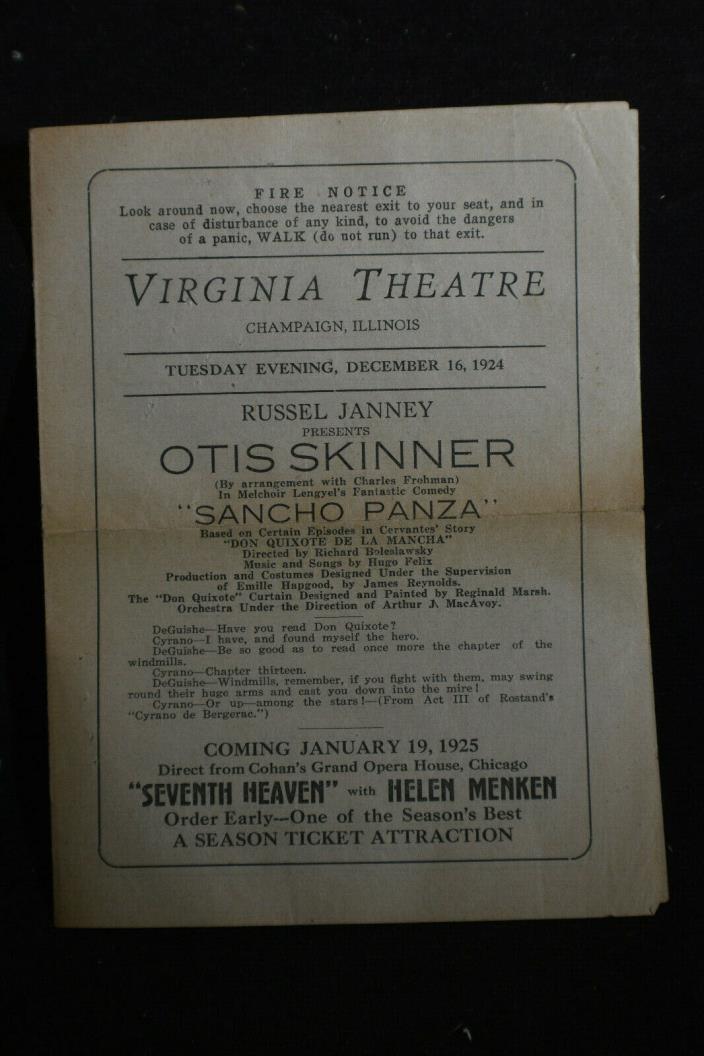 1924 Virginia Theater -Champaign Ill. *Otis Skinner-Sancho Panza-Don Quixote*