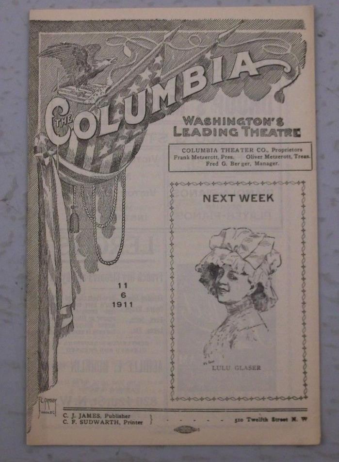 THE COLUMBIA WASHINGTON'S LEADING THEATER PROGRAM 11/06 1911 LULU GLASER