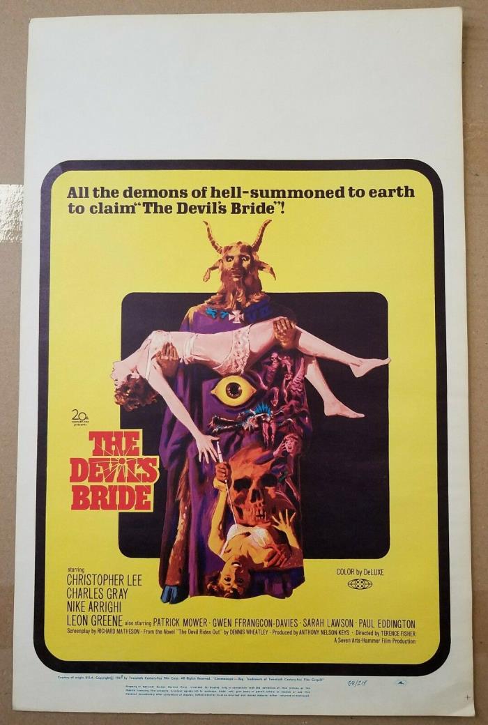 DEVIL'S BRIDE/ DEVIL RIDES OUT Christopher Lee Hammer Film Rare U.S. Window Card