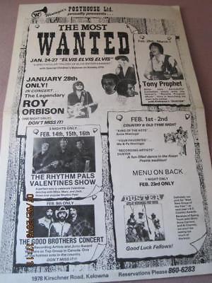 Vtg CONCERT POSTER Weninger's Post House Kelowna B.C. 1970 ? ORBISON CHERNY Menu